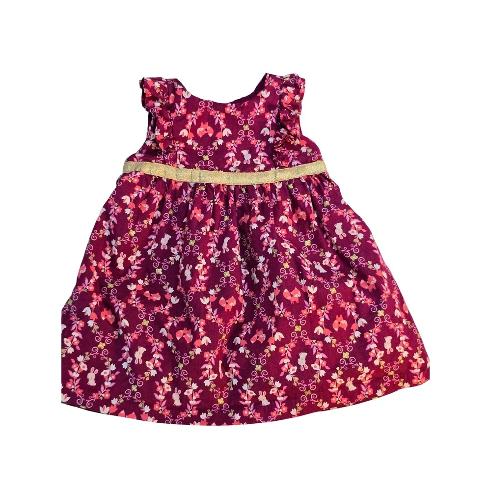 Gymboree Girls Berry Purple Woodland Fox Bunny Floral Gold Bow Dress 12-18M